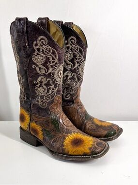 Vintage Old Corral Boho Sunflower Hand-Tooled Leather Western Cowboy Boots 6.5-7